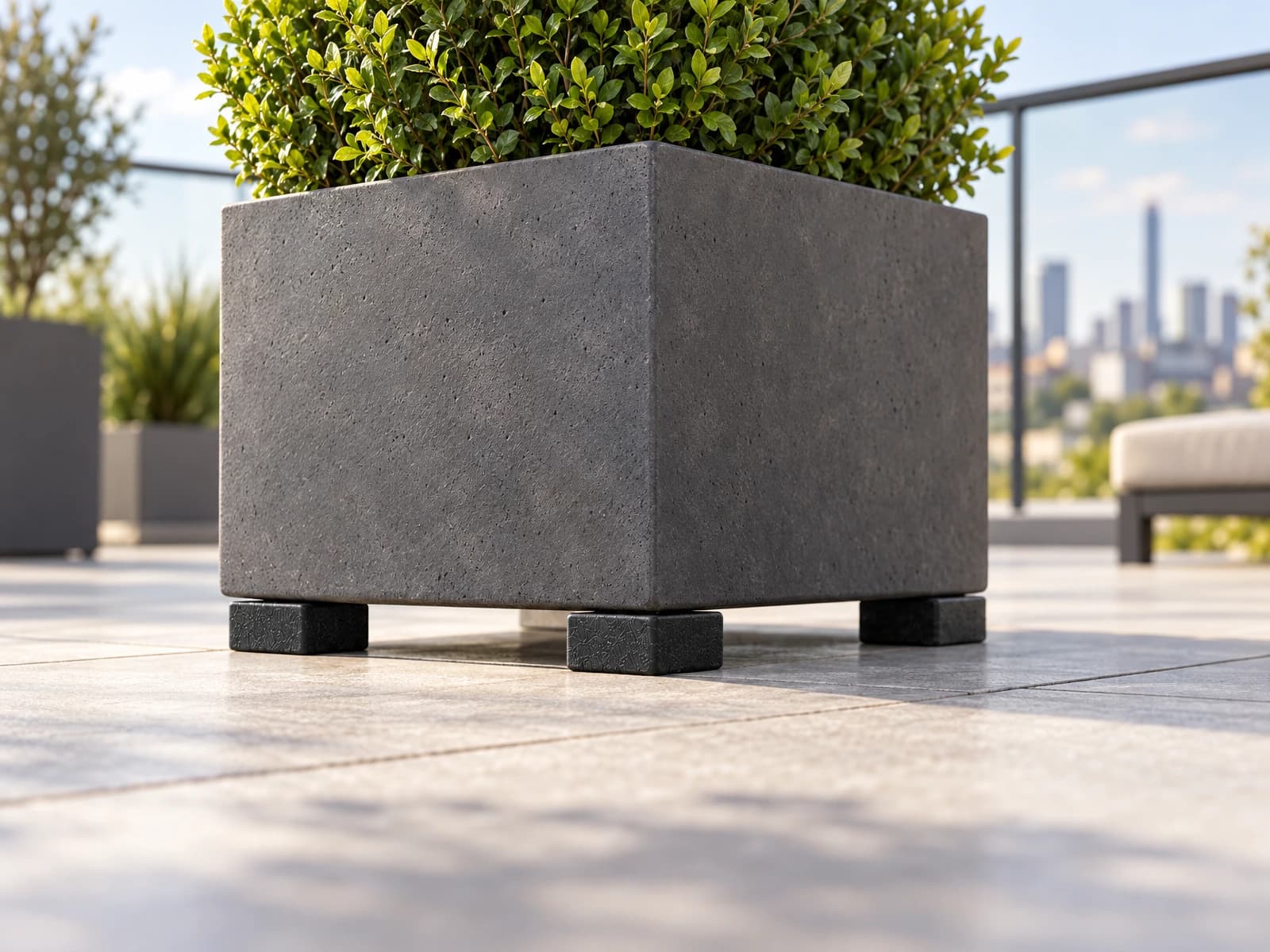 Zware plantenbak op een dakterras, verhoogd op Flore Pads Hard